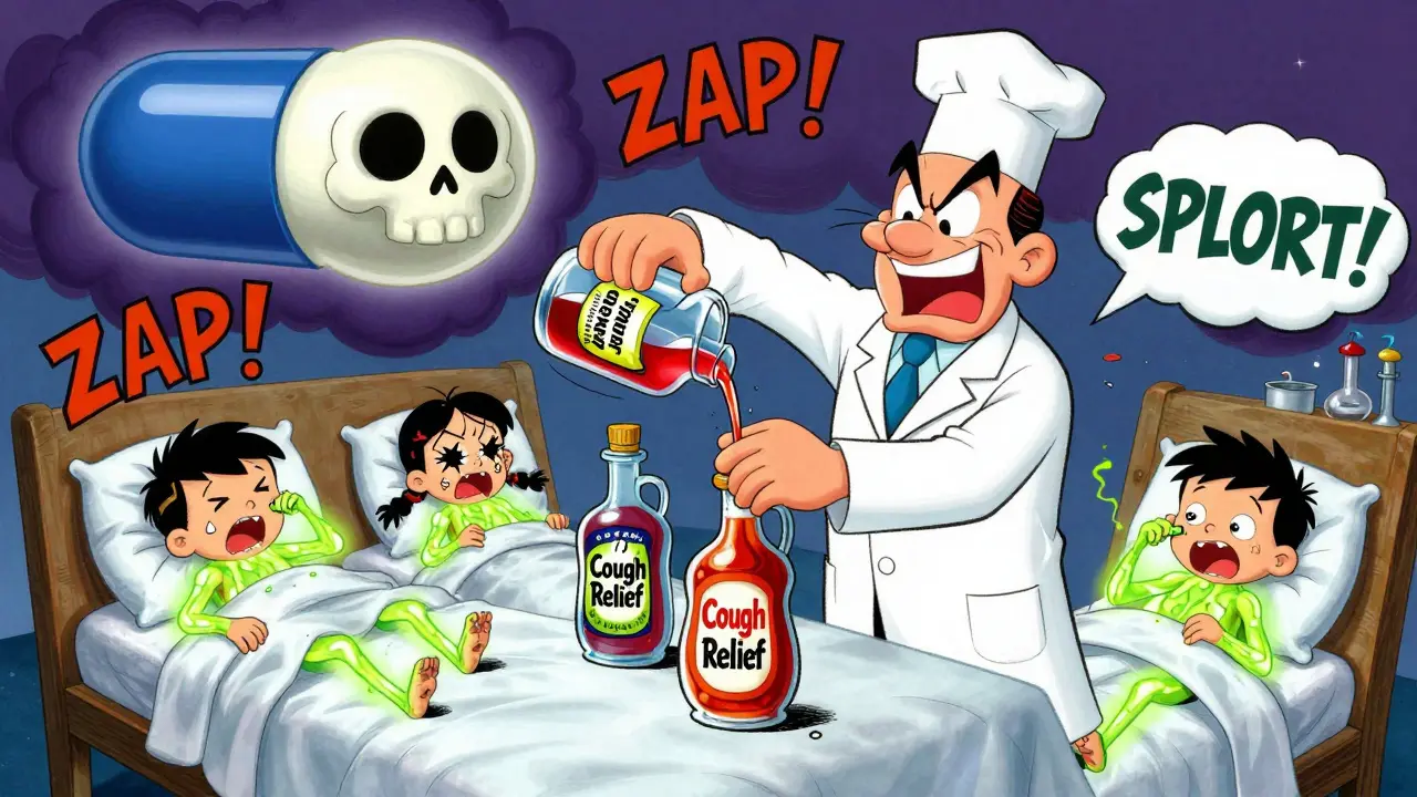 A mad scientist pours antifreeze into syrup bottles while children get sick, in classic Hanna-Barbera cartoon style.