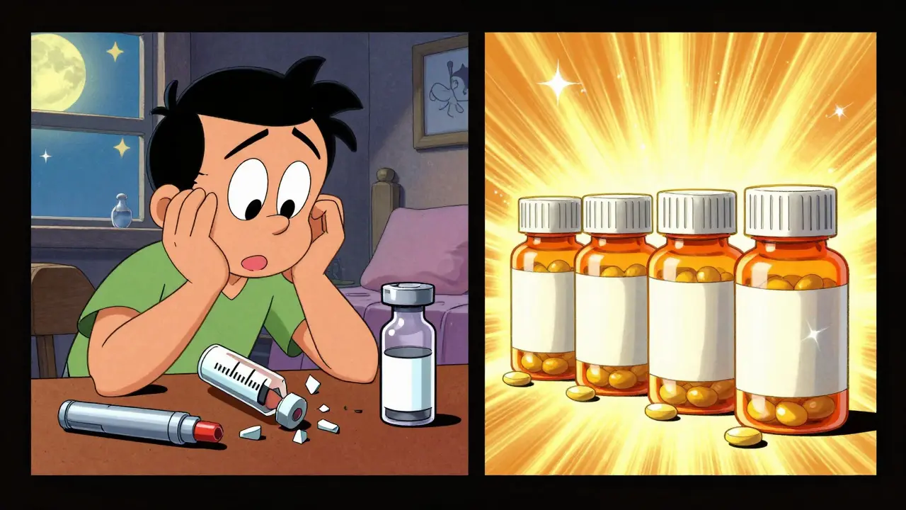 A split-screen cartoon showing safe pills versus dangerous expired liquids