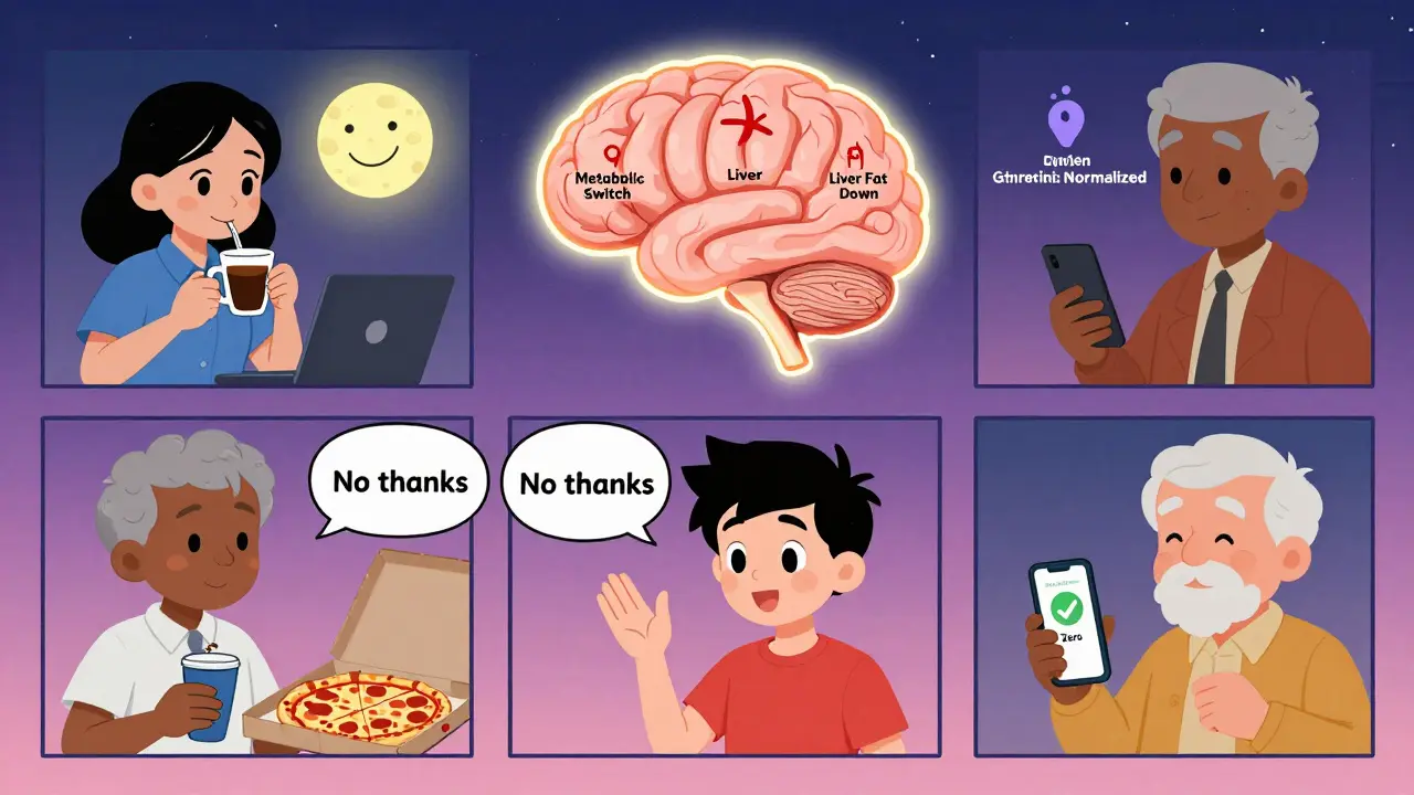 Diverse people adapting intermittent fasting with glowing brain icons showing metabolic benefits.