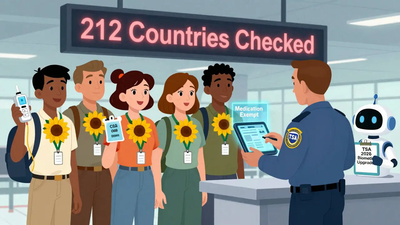 Diverse travelers with medical devices pass through security with digital screening system glowing.