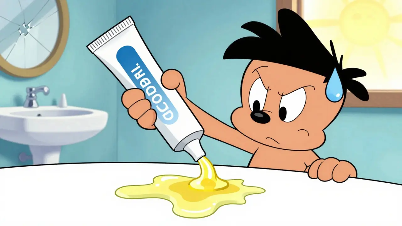 Expired cream separating into oily and watery layers on a surface.