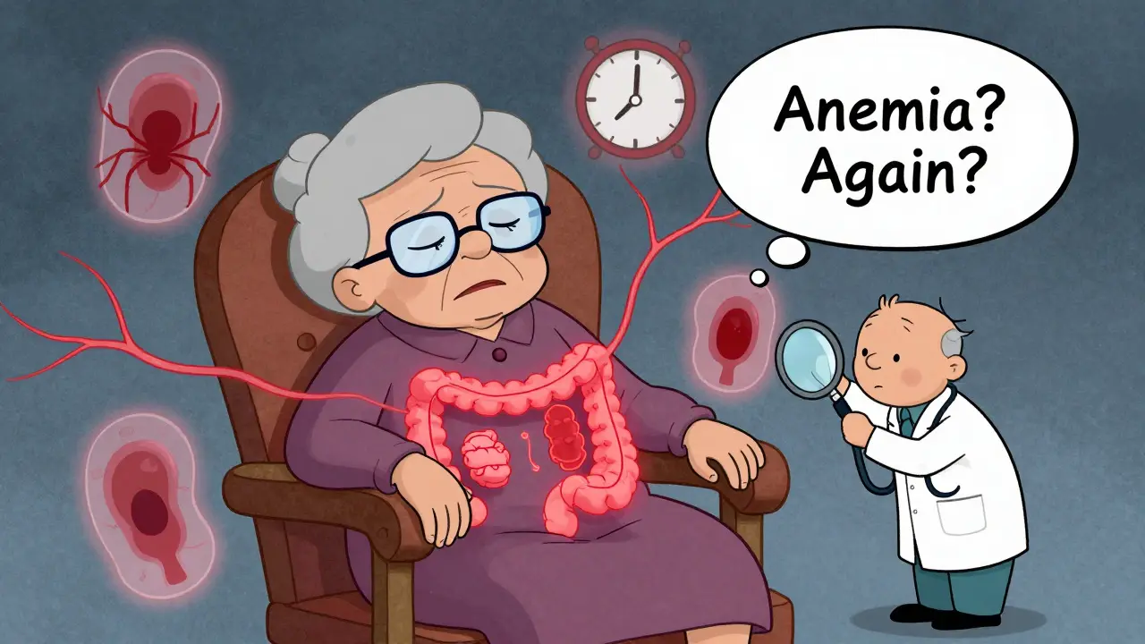 Pale elderly woman with floating spider veins in colon, doctor examining with magnifier