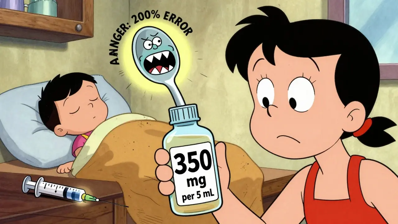 Parent holding liquid medicine bottle as kitchen spoon turns into a monster