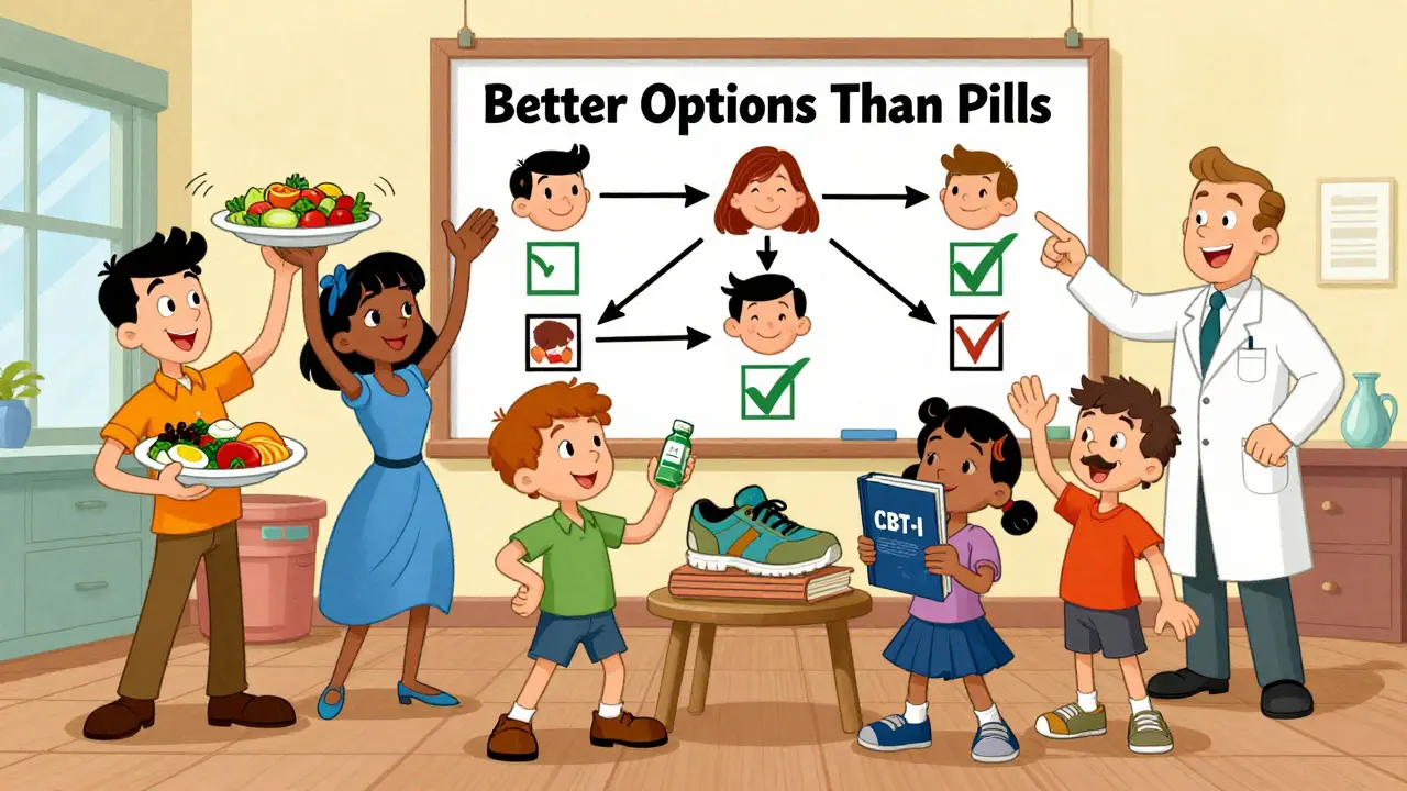 People holding healthy lifestyle items like food and yoga mats, with a pharmacist guiding them to drug-free alternatives.