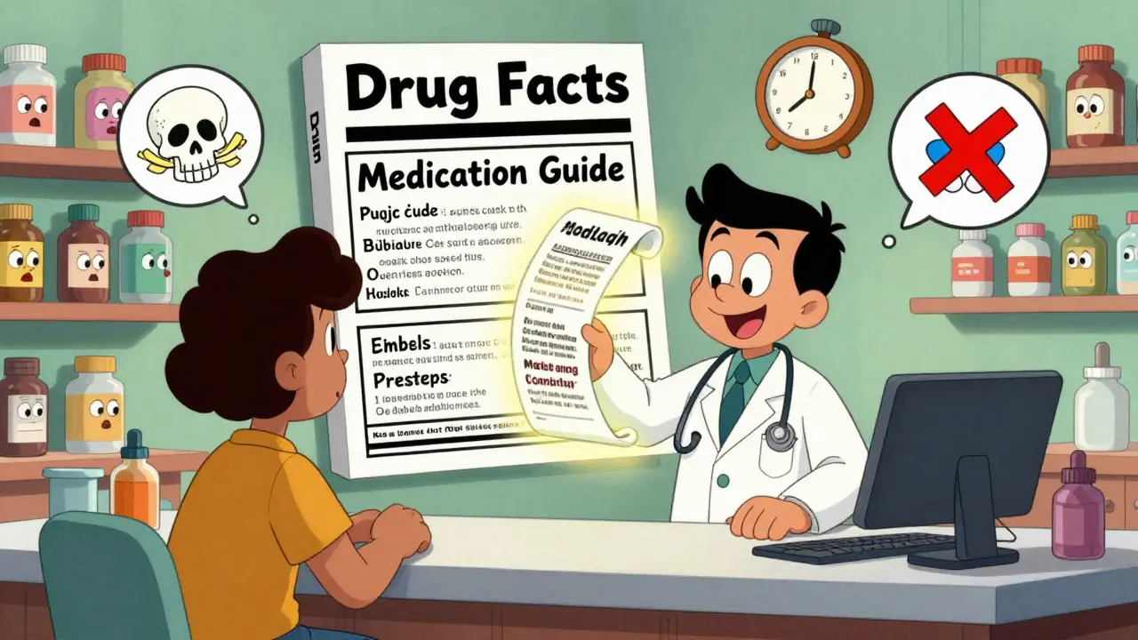 Pharmacist handing a glowing medication guide with floating warning icons