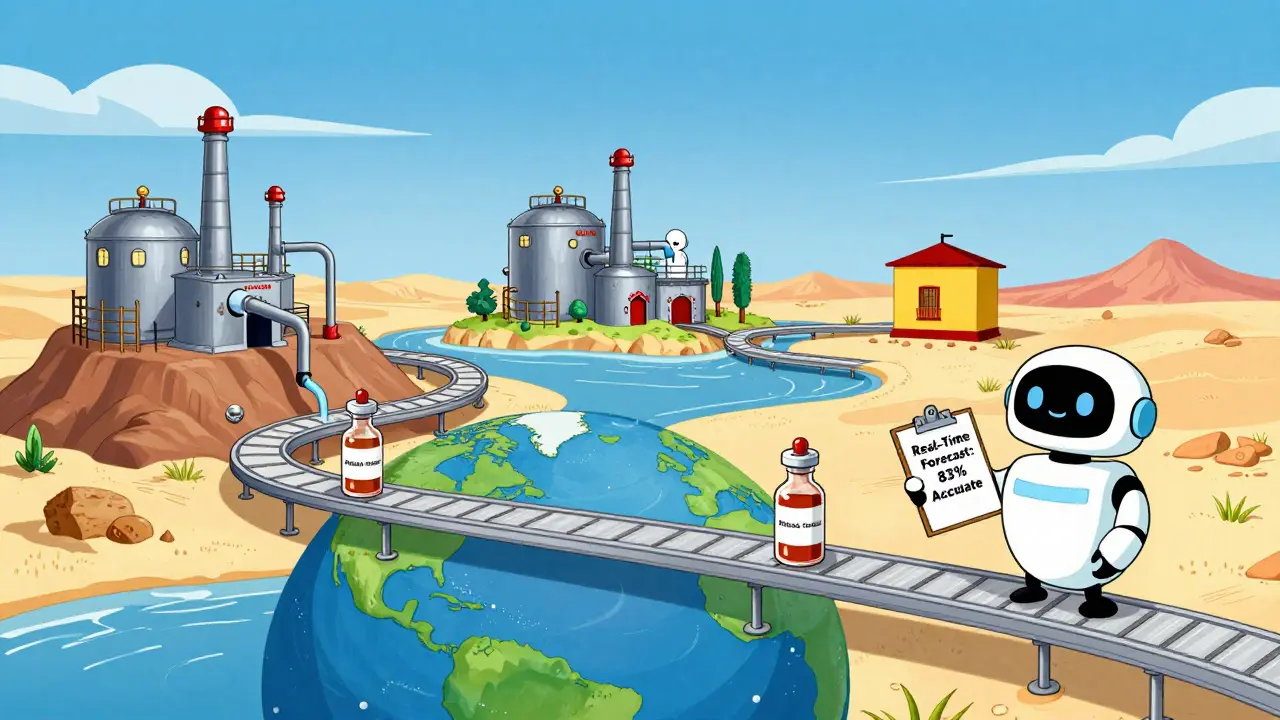 Three factories on different continents producing medicine, connected by bouncy supply belts.