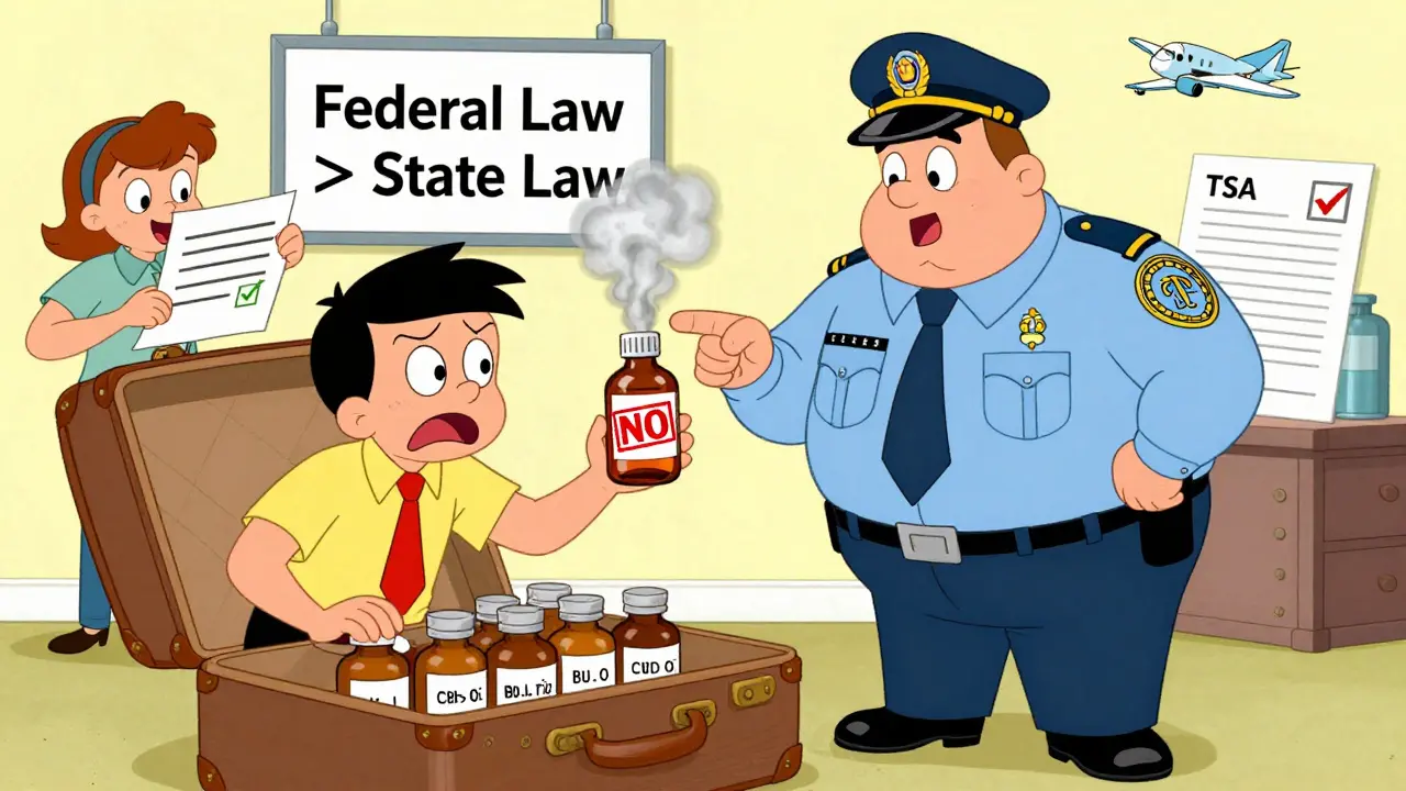 TSA officer rejects CBD oil with a red X while another traveler holds a doctor's note.