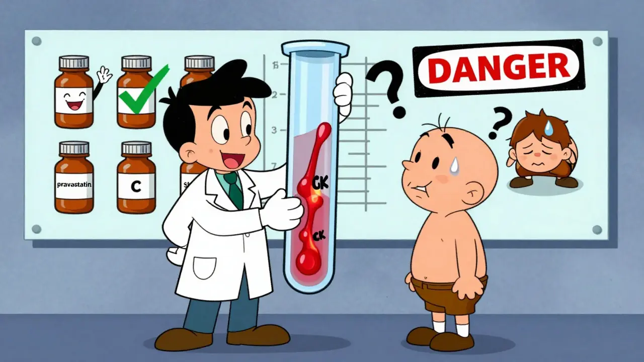 A lab technician shows a muscle enzyme test while statin bottles react differently, in retro cartoon style.