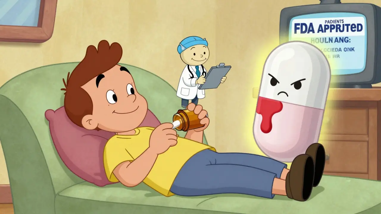 A patient smiles taking a pill, with a cartoon version of their doctor approving, beside a contrasting generic pill.