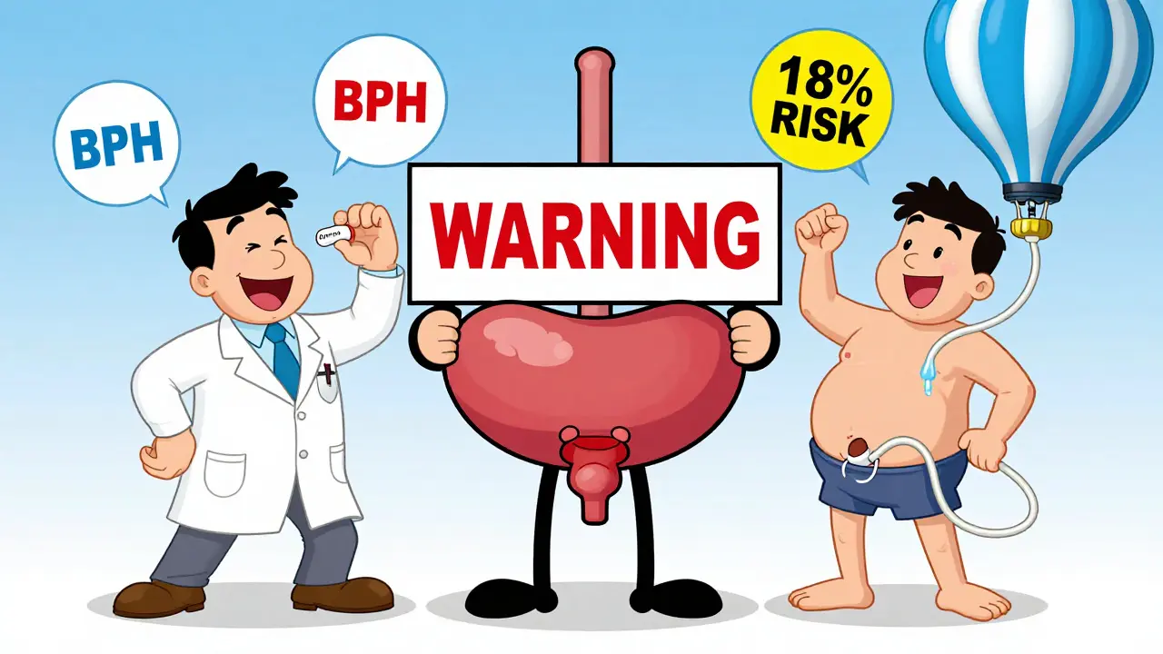 A urologist holding a bladder-shaped warning sign, contrasting a happy pill-taker with a man on a catheter in Hanna-Barbera style.