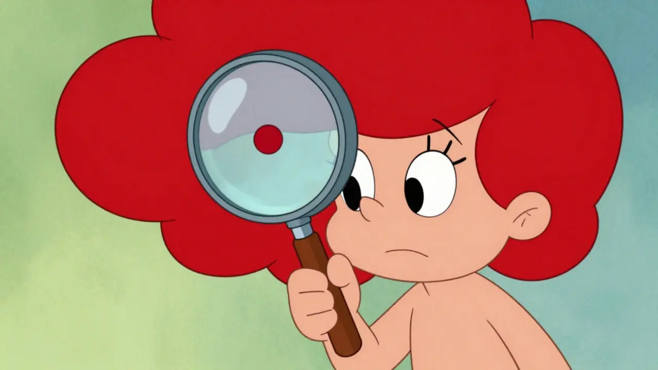 Cartoon character using magnifying glass to shrink a large red cloud into a small dot.