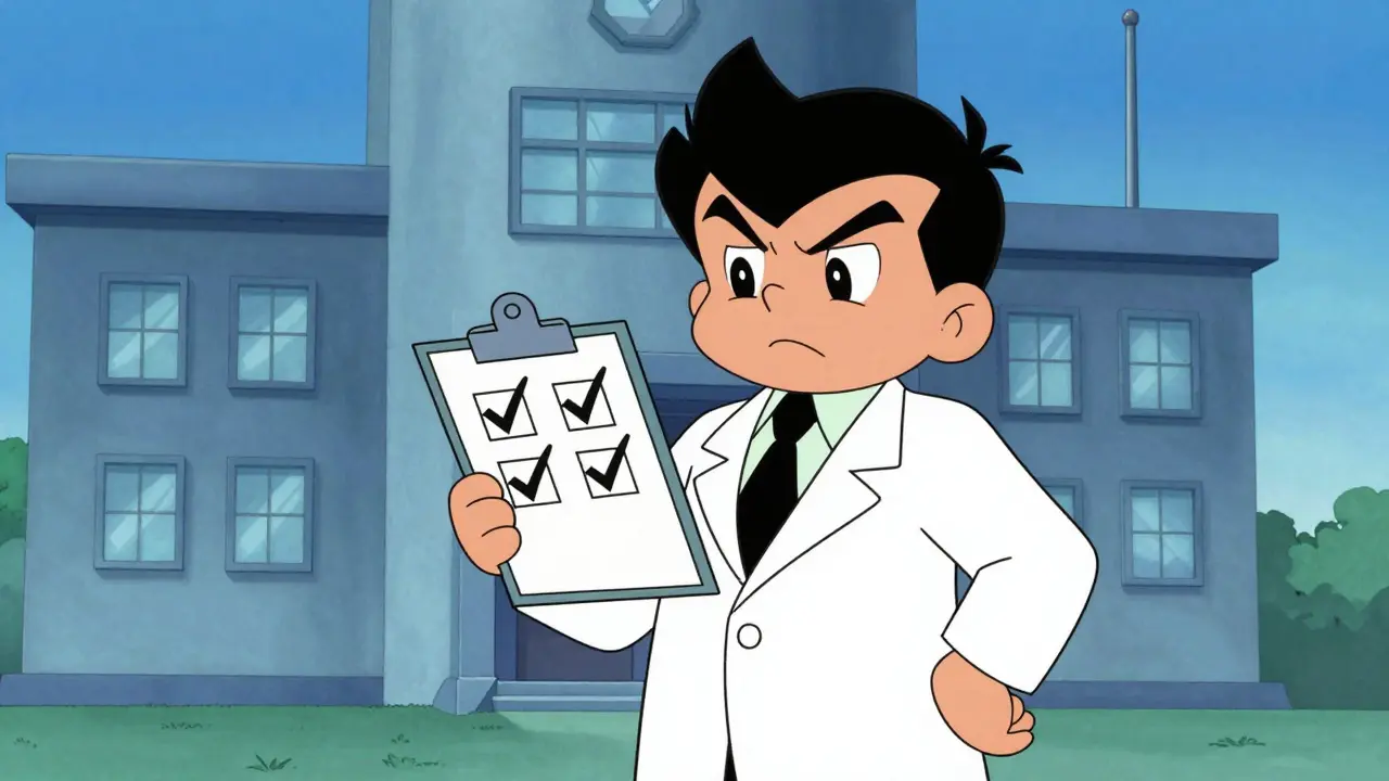 Cartoon doctor detective holding board with symbols in front of medical research building.