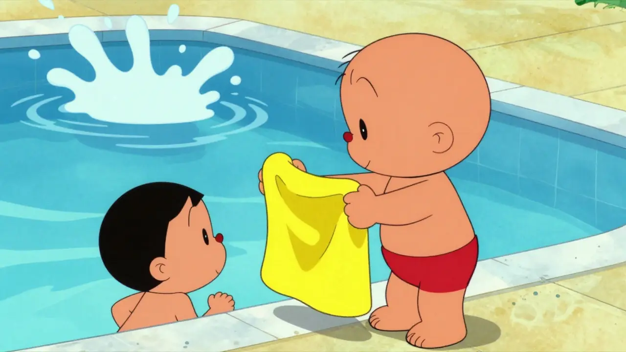 Cartoon kids sharing towels near a swimming pool