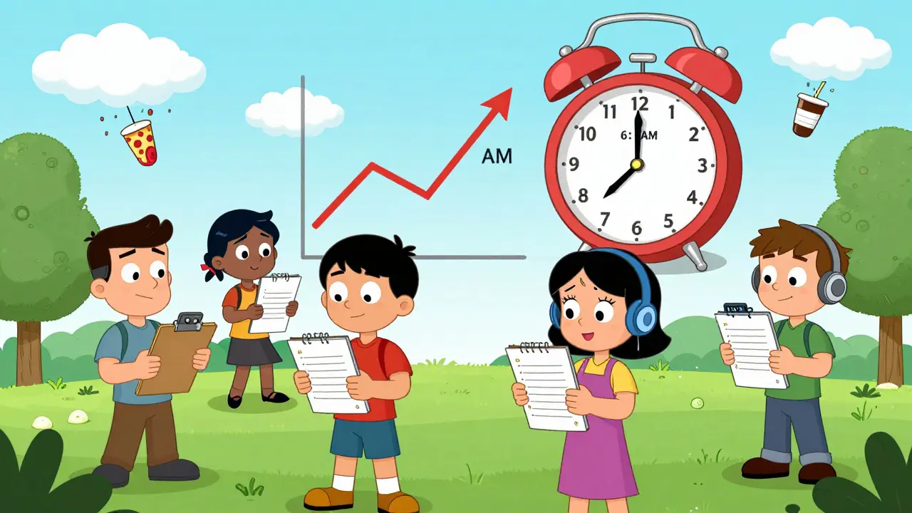 Diverse group tracking symptoms in a park with paper and phone, cartoon graph rising above them as trigger clouds float nearby.