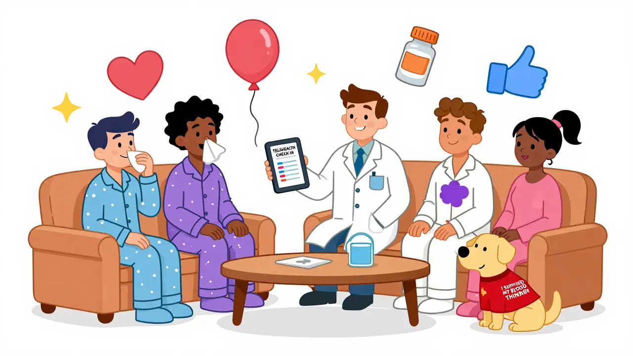 Group of patients chatting with a pharmacist about blood thinner safety in a cozy living room.