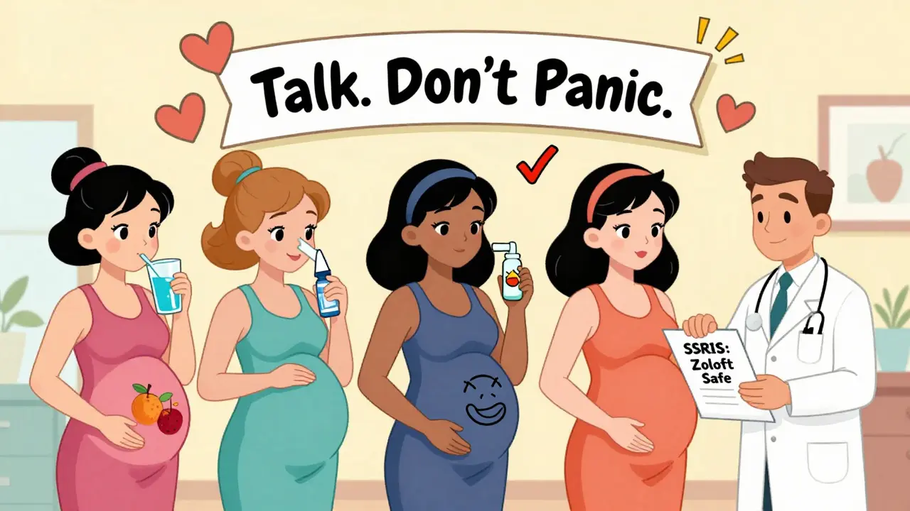 Group of pregnant women in clinic using safe remedies like fiber, saline spray, and Zoloft with supportive doctor.