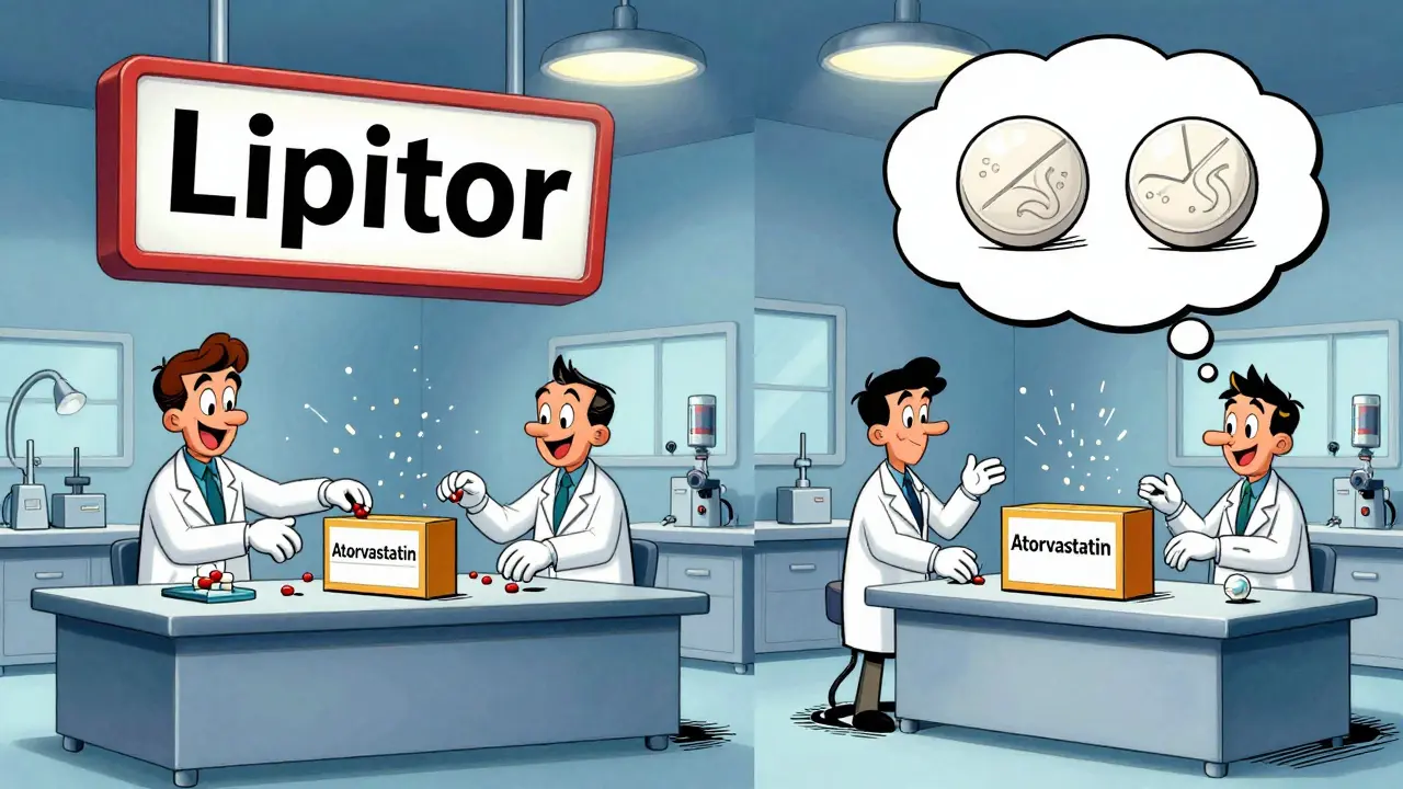 Identical pill-making machines in two labs, one labeled with a brand name, the other with a generic name.