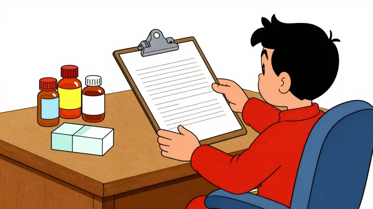 Illustration of someone filling out a form with medicine boxes nearby.