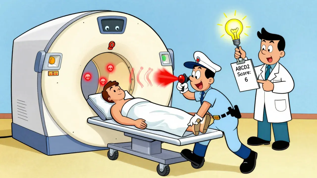 Paramedics rushing a patient into ER as an MRI machine scans for brain damage, with high ABCD2 score displayed.