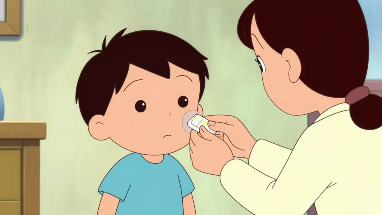 Parent placing waterproof bandage on child's cheek