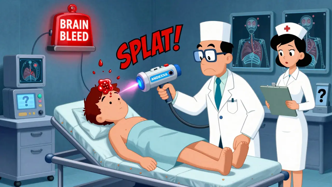 Patient in ER receiving a reversal drug with a glowing brain bleed alarm flashing above.