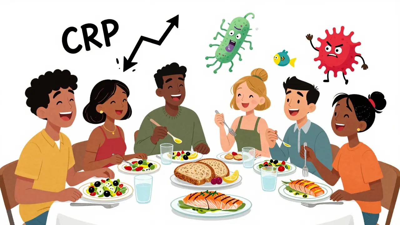 People enjoying Mediterranean meals with floating icons showing reduced inflammation and happy gut bacteria.