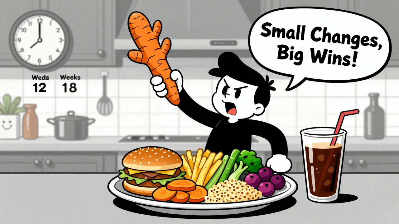 Person using turmeric as a magic wand to transform unhealthy food into colorful, healthy anti-inflammatory meals.