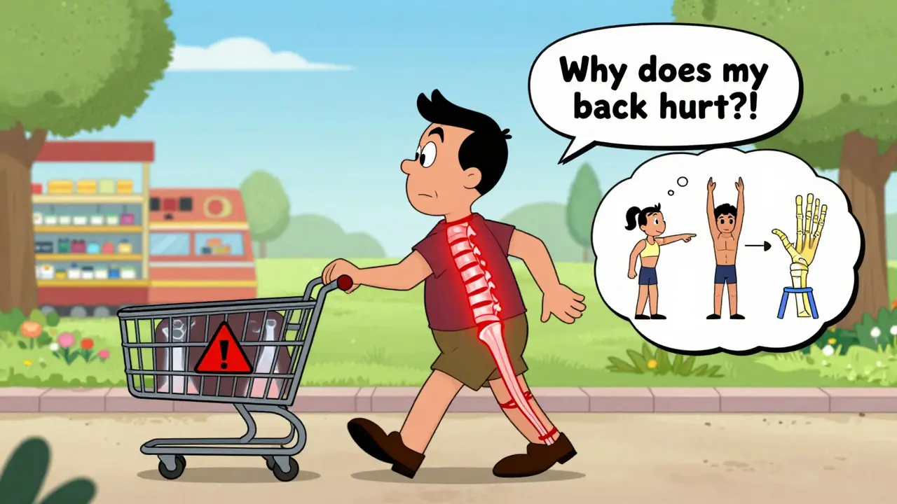 Person walking with forward lean while X-ray reveals slipped vertebra, in Hanna-Barbera cartoon style.