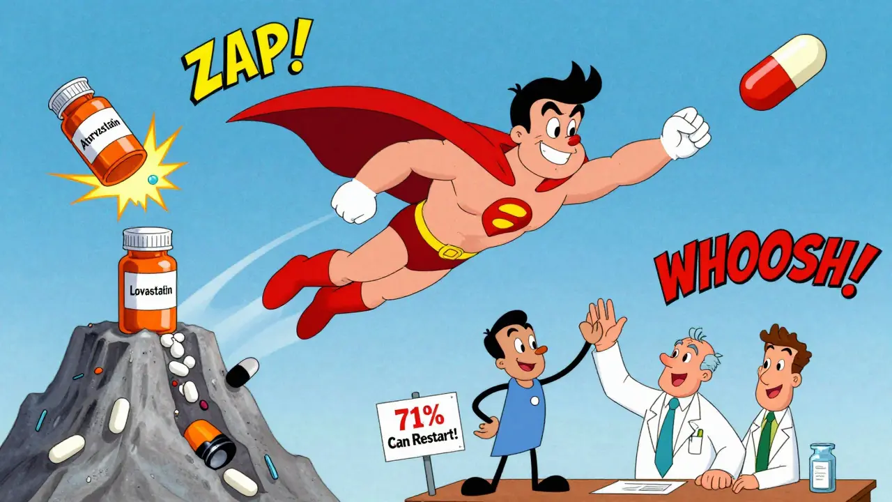 Pravastatin Man rescues a patient from dangerous drug interactions, in classic Hanna-Barbera animation style.