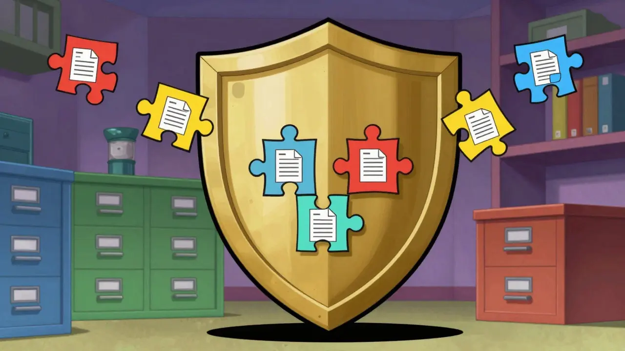 Puzzle pieces floating toward a shield symbolizing data collection.