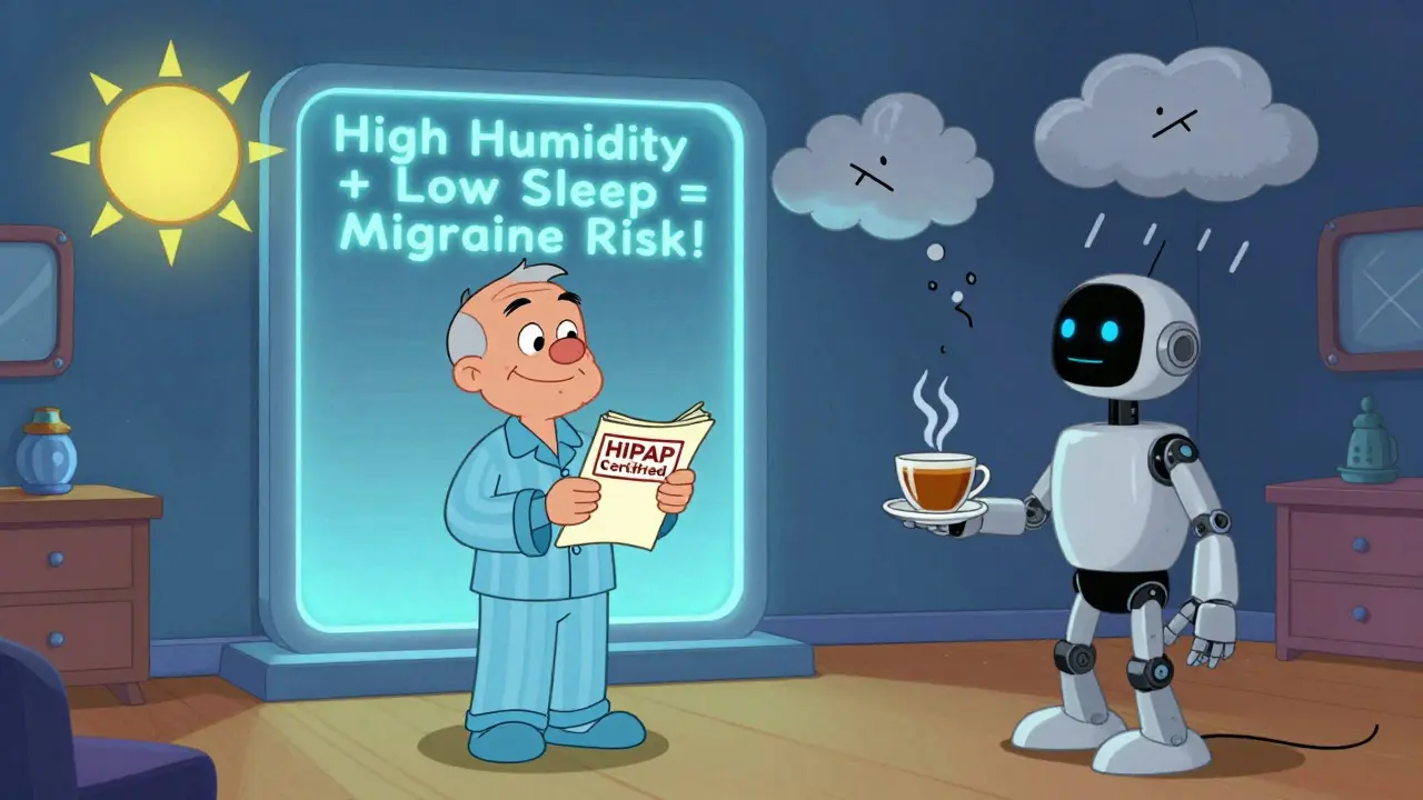 Smart home alerts warning of migraine risk while elderly man holds paper journal, cartoon sun and rain cloud arguing outside.