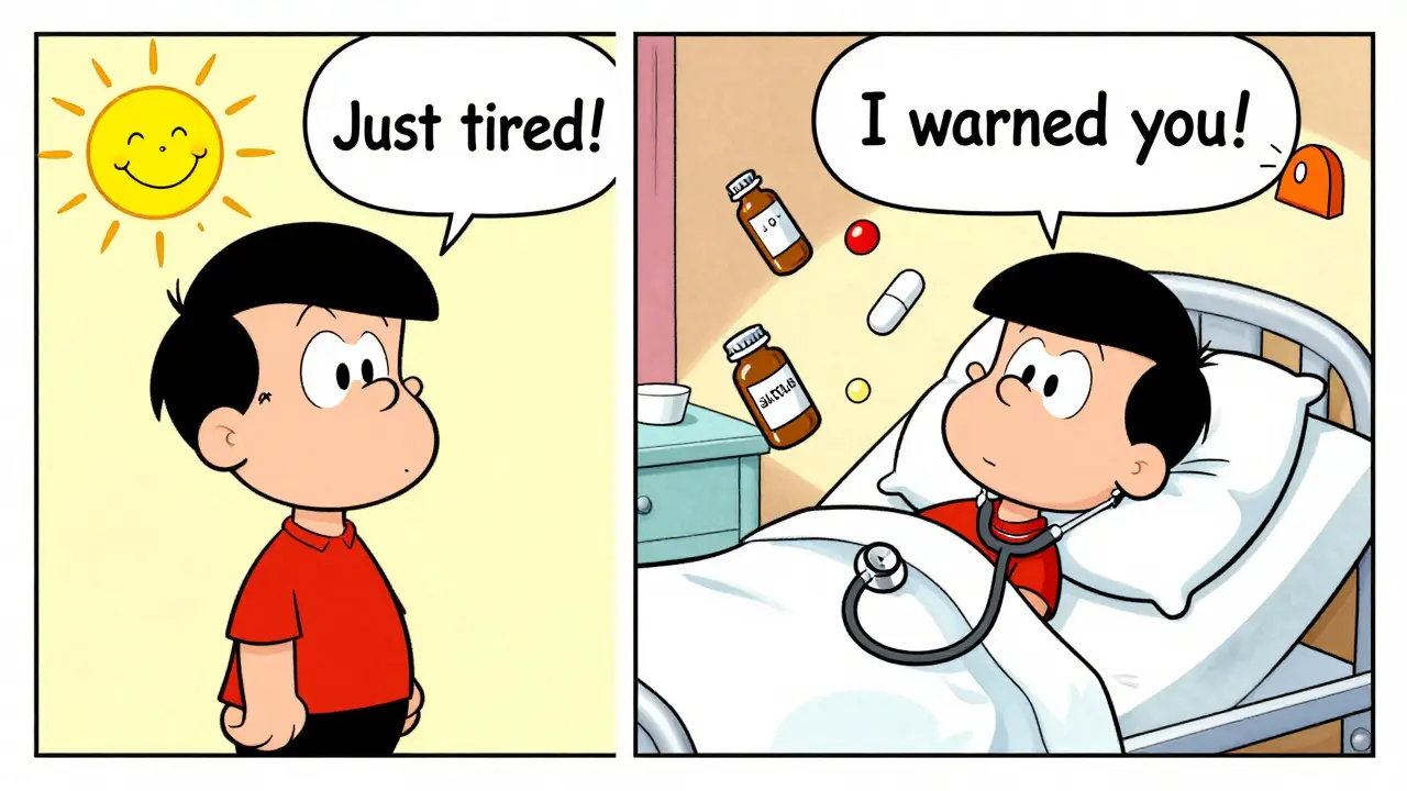 Split cartoon: person ignoring symptoms vs. receiving treatment, with medical icons floating around, in Hanna-Barbera style.