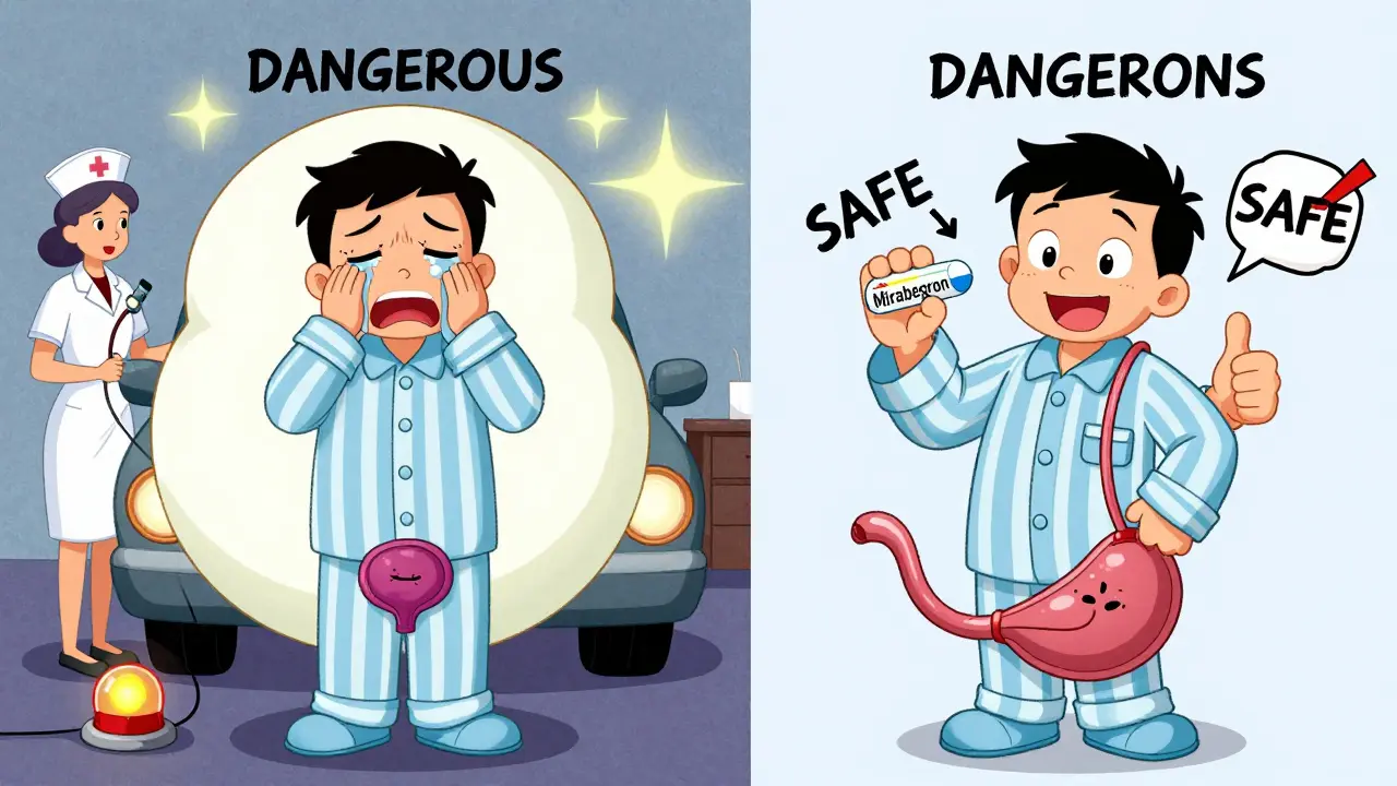 Split cartoon scene: one man in medical emergency with ballooned bladder, another calm with safe medication and smiling prostate.