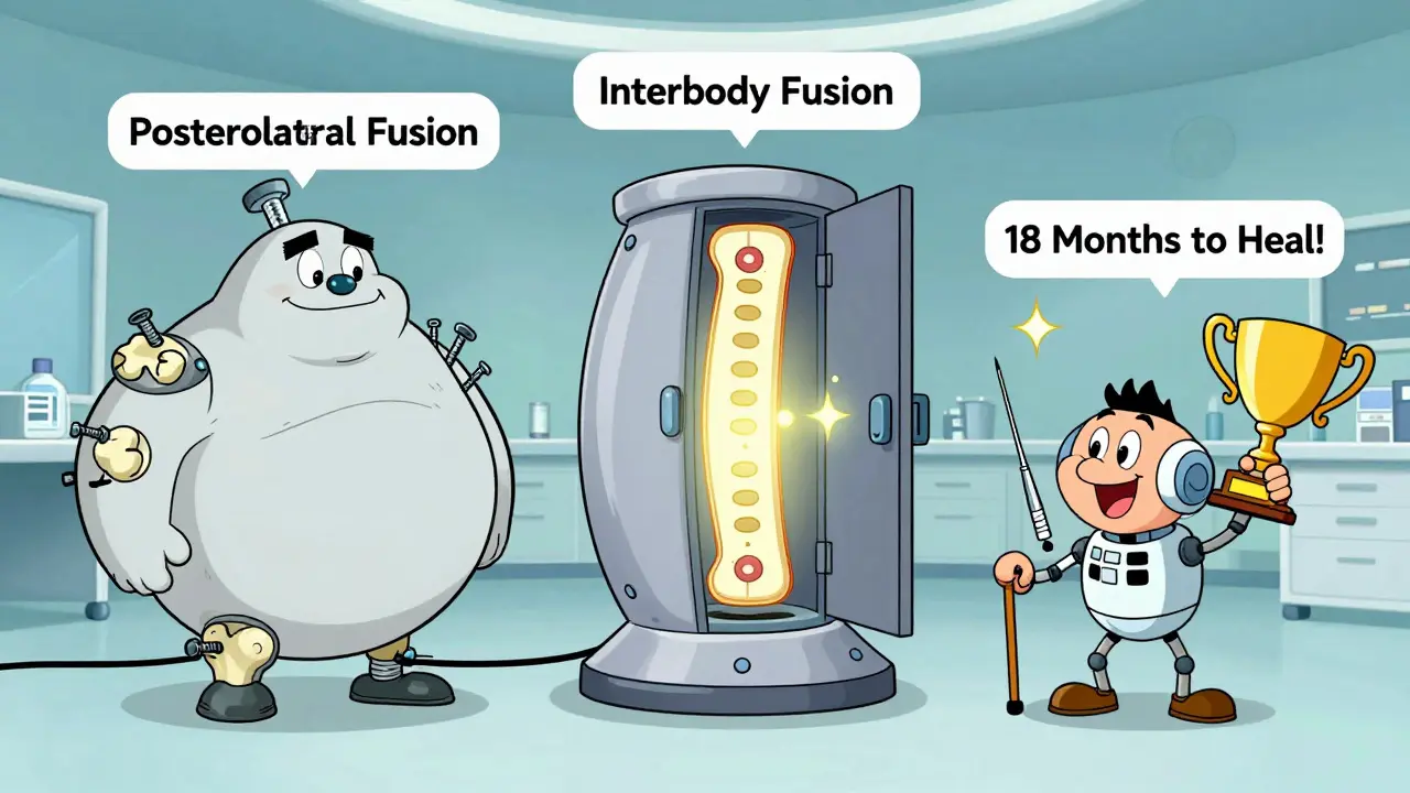 Three cartoon surgical methods for spinal fusion, labeled and stylized in Hanna-Barbera animation style.