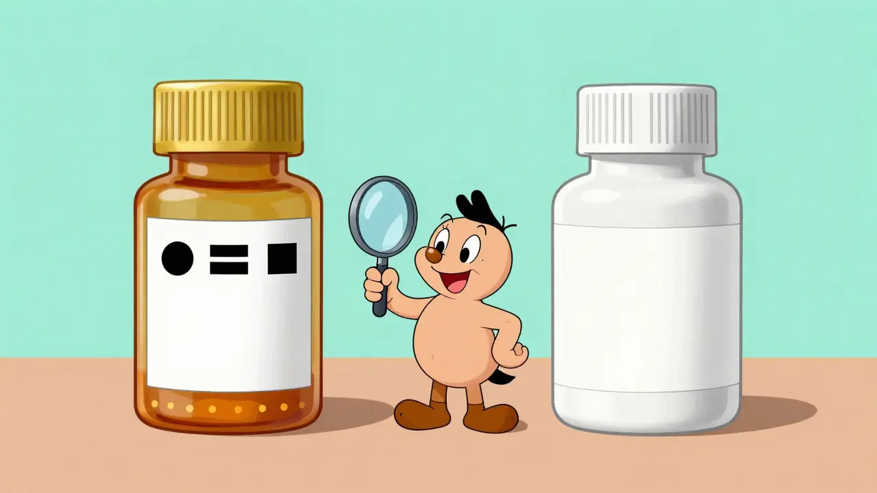 Cartoon character comparing a brand name and generic medication bottle
