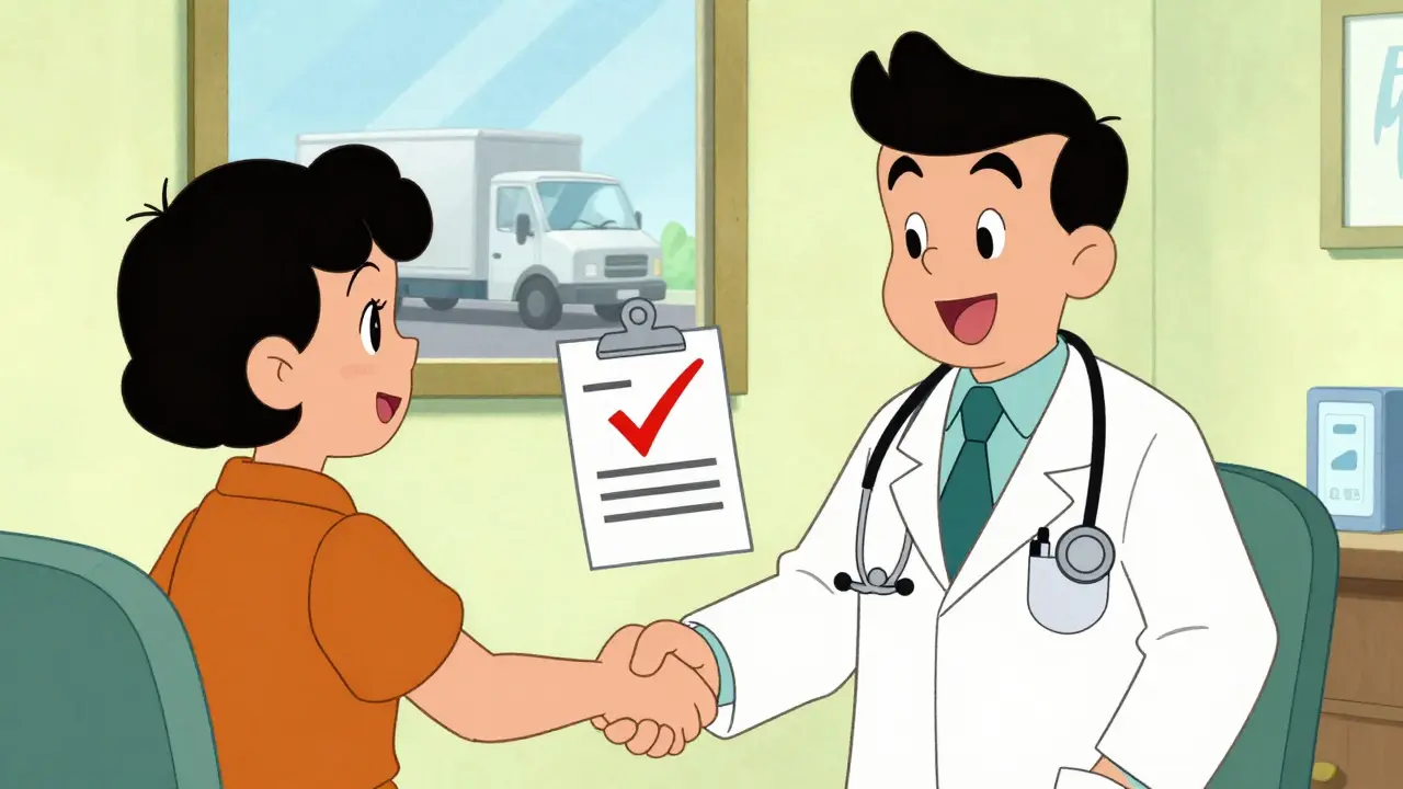 Cartoon doctor and patient shaking hands in a medical office with a delivery truck outside.