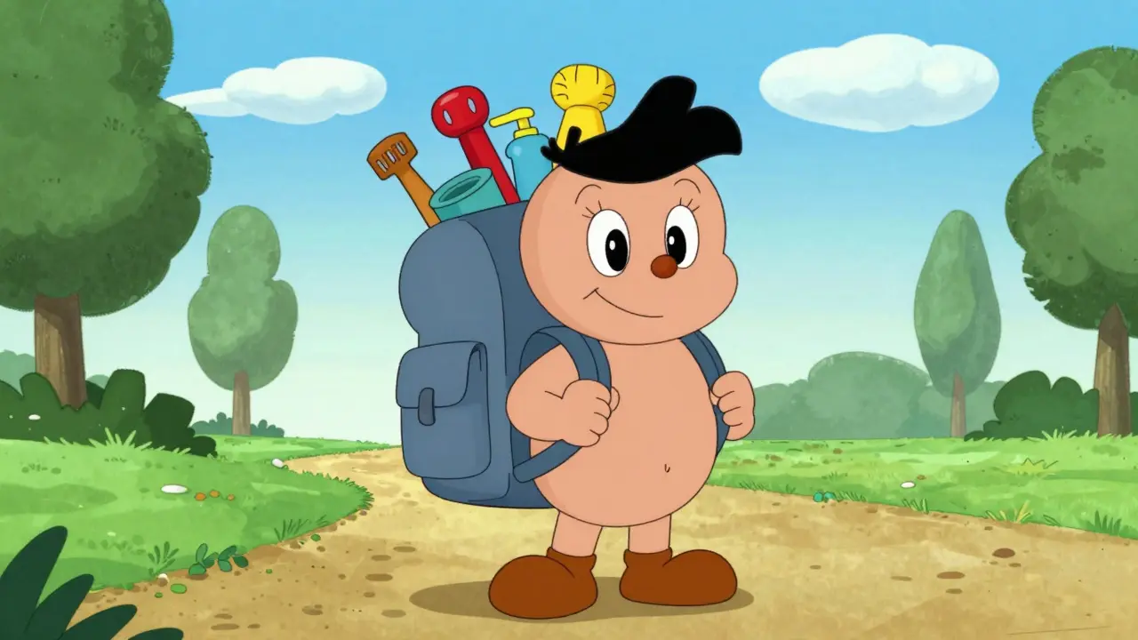 Cartoon figure holding a prepared toolkit bag standing confidently outdoors
