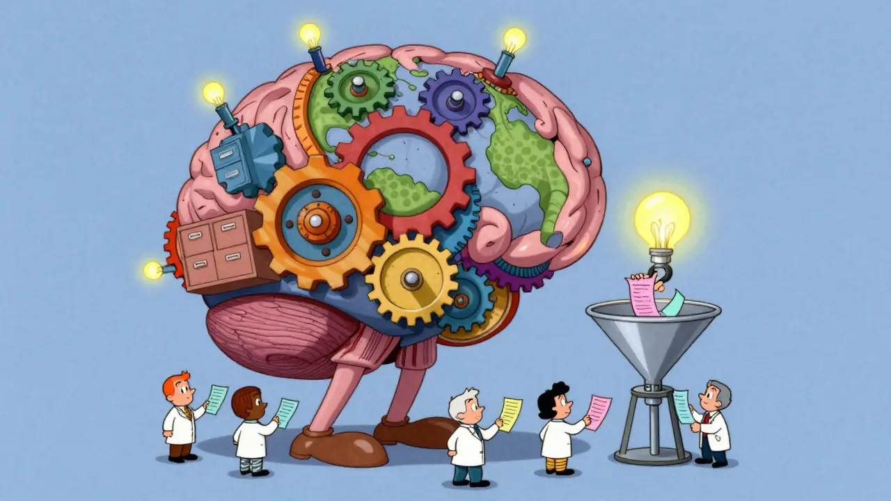 Cartoon illustration of a giant whimsical machine processing medical reports from global doctors.