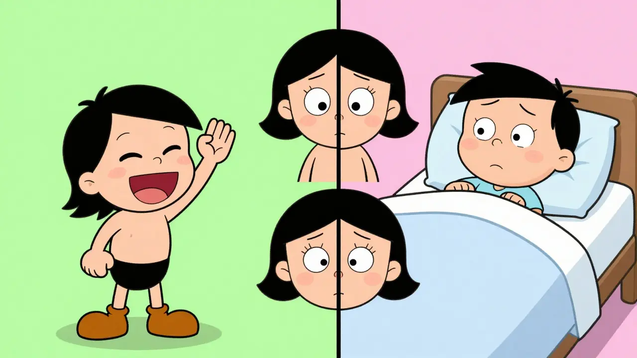 Cartoon illustration showing various narcolepsy symptoms like cataplexy and sleep paralysis