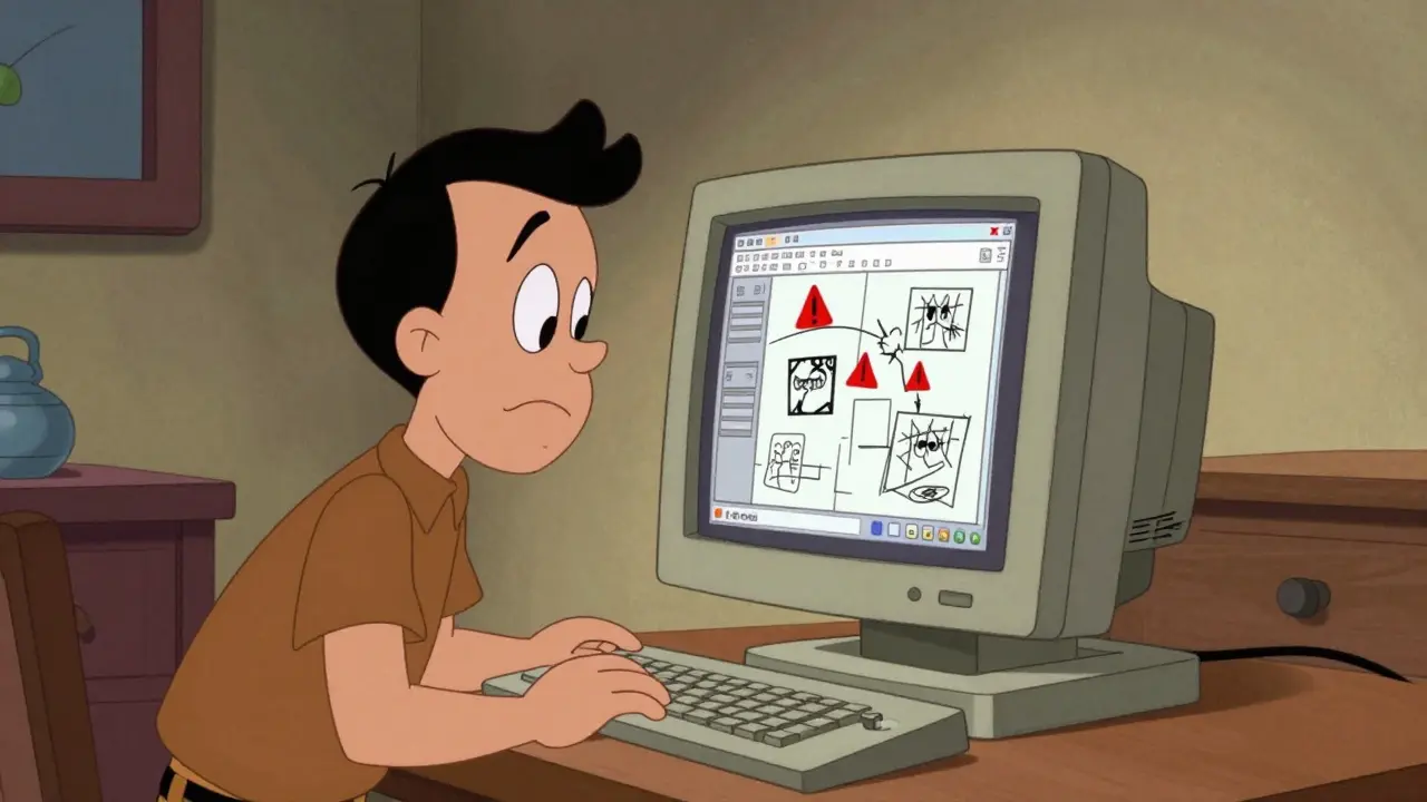 Cartoon man skeptically looking at a suspicious website on a vintage computer