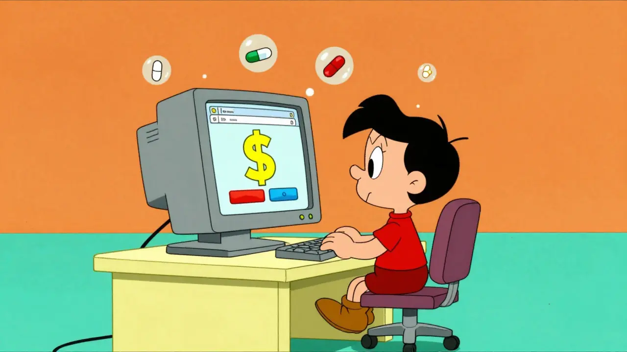 Cartoon person using a retro computer to compare medication prices online.