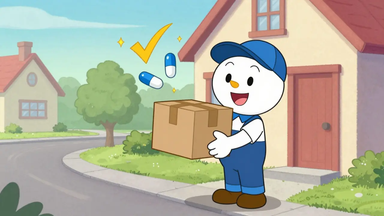 Cheerful delivery person bringing a certified generic medication package to a home