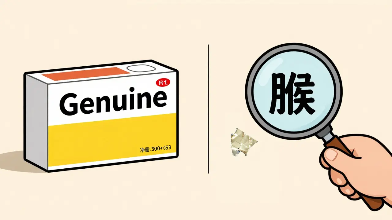Comparison of a genuine medicine box and a counterfeit one with typos