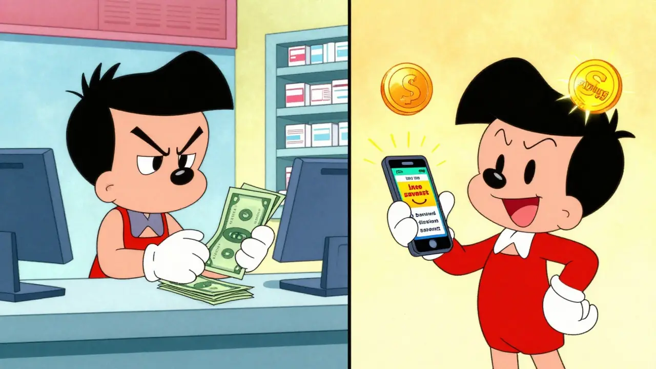 Comparison of a man paying full price versus another saving money using a mobile app