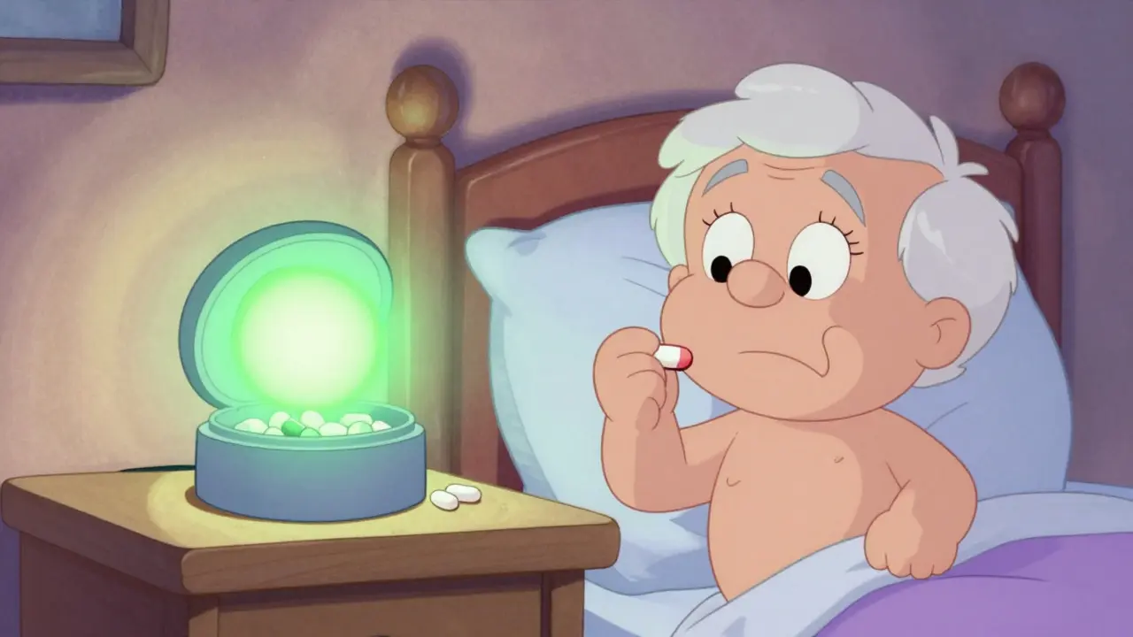 Elderly person smiling next to a smart pillbox with a green LED light