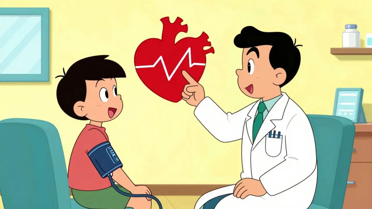 Hanna-Barbera style scene of a doctor monitoring a patient's heart health in a clinic