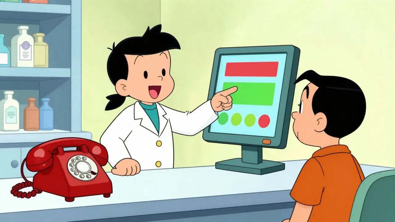 Pharmacist showing a digital adherence dashboard to a patient