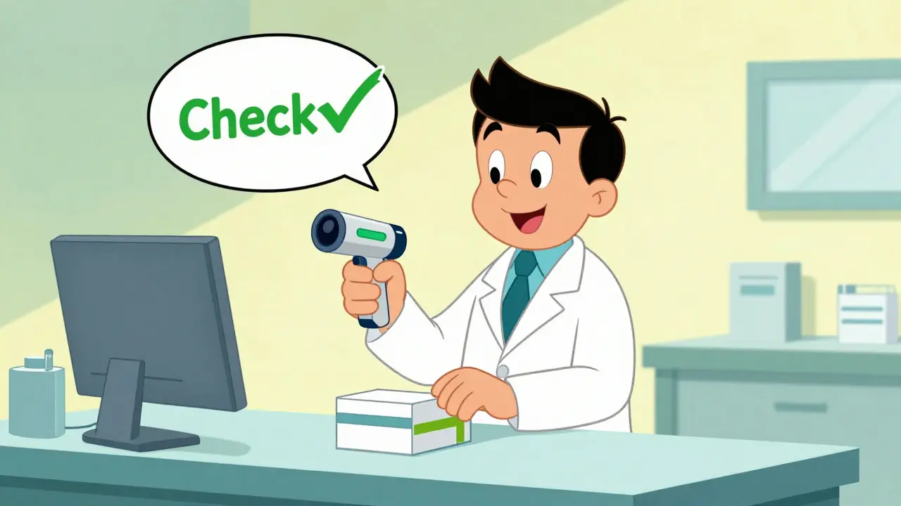 Pharmacist using a scanner to verify a medicine box with a green checkmark